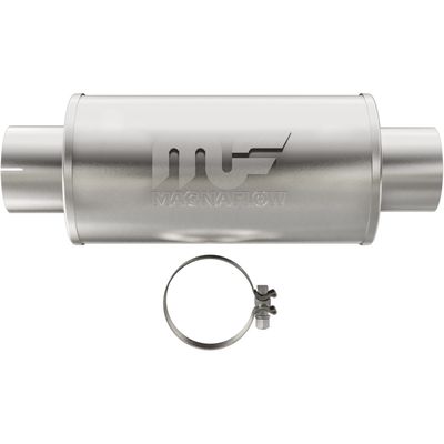 Magnaflow Performance Exhaust 12775 Stainless Steel Muffler; 7x7 in. Round Body; 4 in. Inlet/Outlet; Center Inlet/Center Outlet; 4 in. Core; 14 in. Body Length; 20 in. Overall Length; Satin;