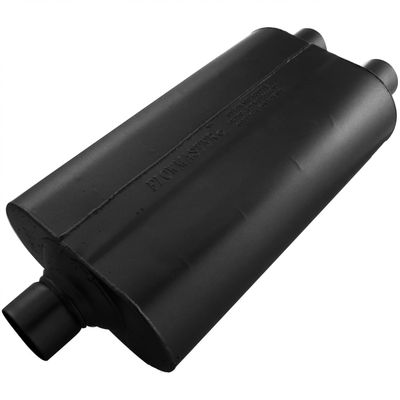 Flowmaster 525552 50 Series SUV Muffler; 2.5 in. Center Inlet/2.25 in. Dual Outlet; Case Dimensions 5 in. x 10 in. x 17 in.; 23 in. Overall Length; Aluminized Steel;