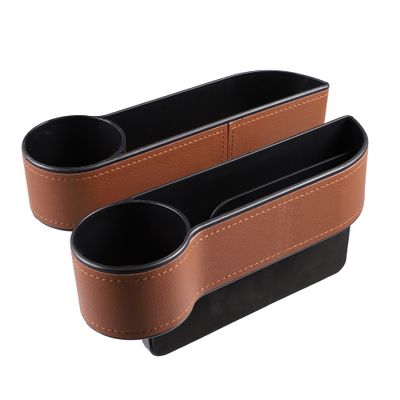 2pcs Automotive Front Seat Storage with Cup Holder Car Seat Gap Filler Auto Console Side Storage Boxes Seat Side Storage Boxes Left Right Side Brown
